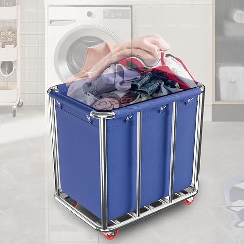 WUDLEP 400L Commercial Laundry Trolley on Wheels, Heavy Duty Stainless Steel Laundry Basket, Large Hotel Folding Laundry Cart for Washing, 90 x 65 x 80 cm