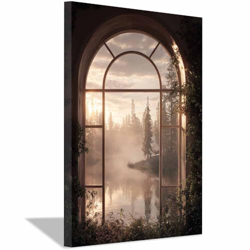 Tableau paysage Fenêtre voûtée du lac brumeux 40x60cm encadré