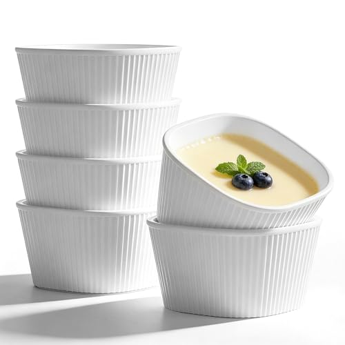 Ramekins Set of 6, 210ml Porcelain Soufflé Dish, 10cm Square Crème Brûlée Dish for Air Fryer & Oven, Mini Bowl for Dips, Sauces, Snacks and Fruits - White