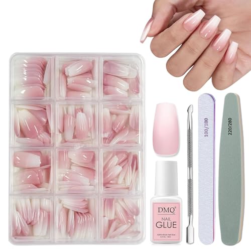 DMQ False Nails Kit with Glue, 240Pcs Natural Gradient Pink Fake Nails, Acrylic Coffin Press on Nails Pink Tips, 12 Sizes Glossy Full Cover Stick on Nail for Women Girls Manicure Art