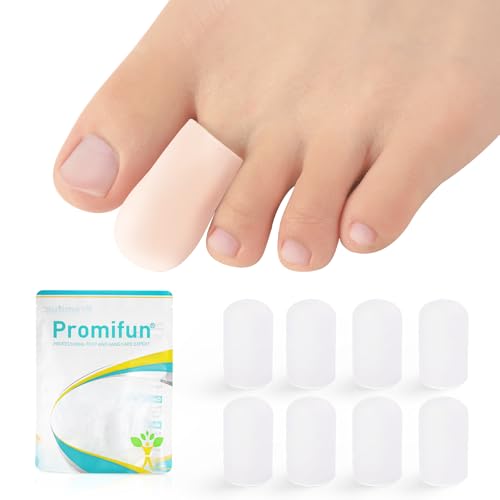 Promifun Silicone Toe Protectors,4 Pairs Soft Gel Toe Protectors for Men & Women-Toe Caps for Foot Pain Relief-Toe Sleeves for Ingrown Toenails, Corns, Calluses, Blisters(Transparent Color+4M)