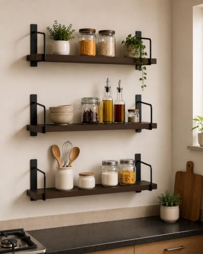 Image of Wooden Wall Shelf for Books | Wall Mounted Bookshelf for Living & Bedroom | Floating Wall Bookshelf | Book Shelf Wooden Wall Mounted | Decorative Wall Shelf Rack Brown, 16X6X6,Set of 3