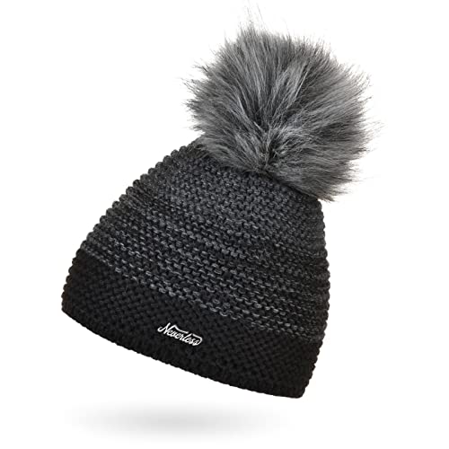 Neverless® Damen Mütze gefüttert Fleece-Innenfutter Fell-Bommel Kunstfell Wintermütze Bommelmütze Grobstrick Mehrfarbig schwarz-dunkelgrau Unisize