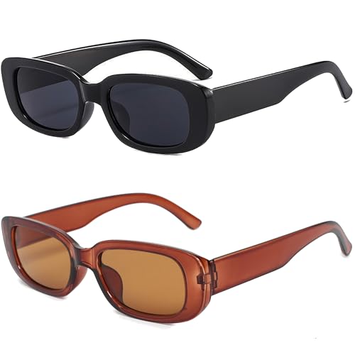 Retro Rectangle Sunglasses 2 Pack Trendy Y2K 90s Sunglasses for Women Men Vintage Glasses Square Frame UV400 Protection