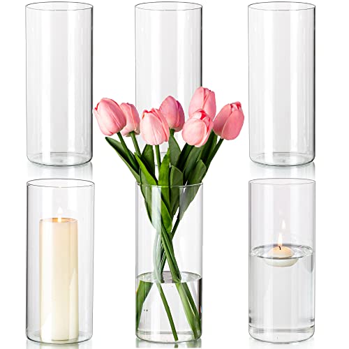 Hewory Vases Cylindriques en Verre Lot de 6, Vase en Verre Transparent de 20cm pour Fleurs, Grand Support de Bougie pour Bougies Piliers Flottantes, Vase à...
