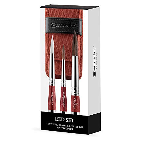 ESCODA Set 3 Watercolor Brushes - Red Travel Set N.6,8,12 Round Pointed Professional Synthetic Hair Fine Art Brushes Series Ultimo Versatil Perla Handmade in Barcelona.