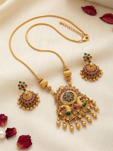 Image of Traditional Gold-Plated Lakshmi Temple Pendant Necklace Set for Women | Antique South Indian Jewelry with Jhumka Earrings | Ethnic Bridal, Wedding & Festive Jewelry Set