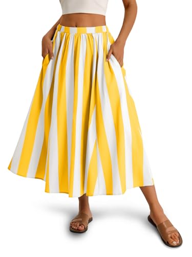 Image of Cicy Bell Womens Summer Striped Maxi Skirts A-Line Beach Vacation Outfits | Elastic Waist, Side Pockets, Flowy, Midi Length, Color Contrast, Trendy Casual
