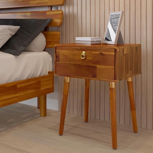 Image of Bme Caden Solid Wood Nightstand /Side Table /End Table, Fully Assembled, with 1-Drawer for Mid Century Bedroom and Living Room, Caramel