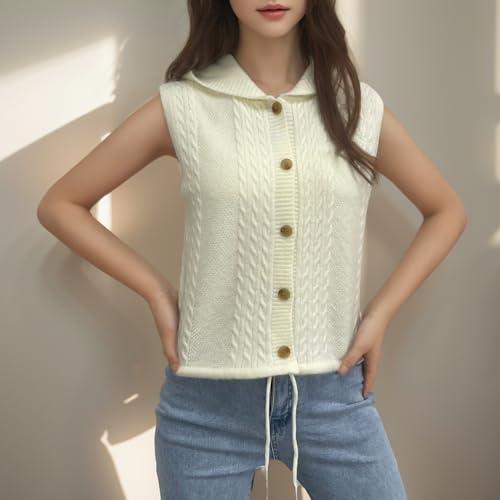 Image of Velius Women Knit Button Down Drawstring Sweater Vest Crop Top with Hood