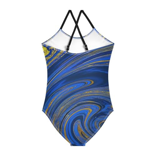CHIFIGNO Blue Gold Abstract Marble One Piece Swimsuit Girls, Spaghetti Straps, Cross Back Design, Ages 3T2