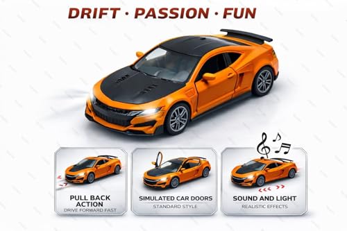 Image of 1:36 Scale Chevrolet Camaro Toy Car - Die-Cast Metal Pull Back Vehicle with Openable Doors, Lights & Music - Sports Model for Kids, Boys & Collectors (Orange)