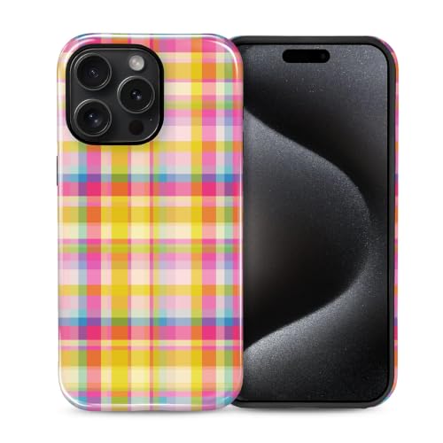 NONMY for iPhone 15 Pro Case,Hybrid 2 Layer Hard Shell Silicone Protective Case - Aesthetics Multicolor Checkered Striped - Scratch Resistant Shockproof Cover