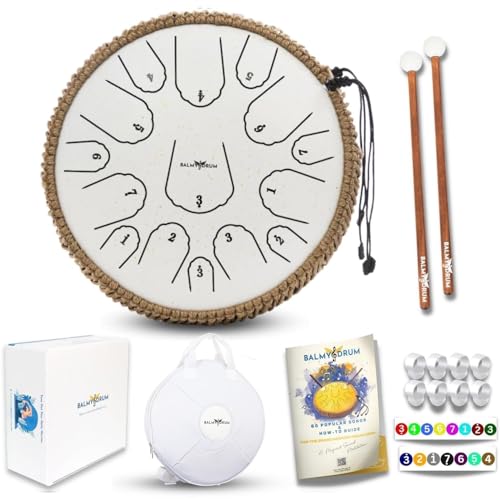 The Balmy Drum - 15 Note 14 Inch Steel Tongue Drum, Steel Drum Instrument, Drums For Children and Adults, Balmy Drum Set for Kids with Music Book, Handpan, Mallet and Carry Bag (White)