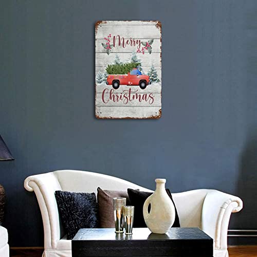 Wodevor Merry Christmas Tree Truck Metal Signs Red Truck Christmas Tree Tin Plaque Plate Retro Vintage Metal Signs Customized Outdoor Hanging Wall Plaque Kitchen 8X12 Inch #TOP3