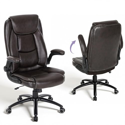 300lbs Capacity Executive Desk Chair Set of 2 with Ergonomic Lumbar Support, Flip-up Arms & High Back Leather Computer Chair for Home/Office, Brown