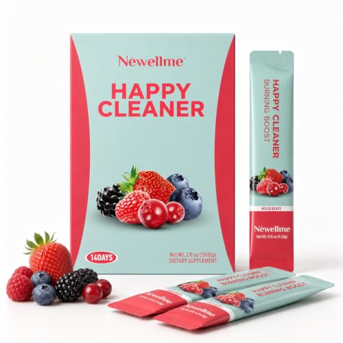 NEWELLME Happy Cleaner Greens Superfood Powder Packets Sugar-Free Fiber Drink Mix for Gut Health Digestive Health & Bloating Support Prebiotics Probiotics & Enzymes Berry 14 Count