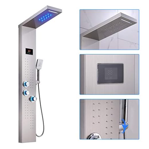 ELLO&ALLO LED Thermostatic Shower Panel Tower System, Rainfall Waterfall Shower Head Rain Massage System with Body Jets (Brushed)