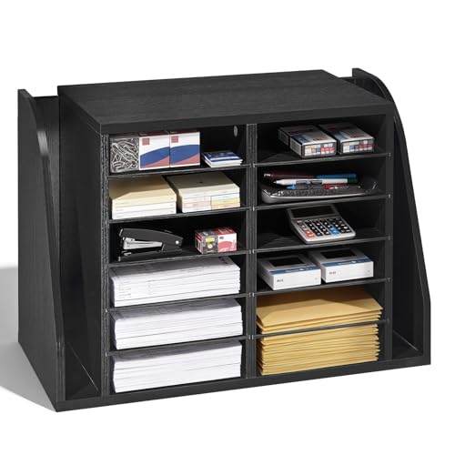 VEVOR Literature Organizer, 12 Compartments Office Mailbox with Side Vertical Storage, Wooden Mailbox Sorter Made of Particle Board, Countertop Office Home Organizer for File, Document, Paper, Black