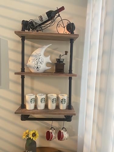 ROGMARS Floating Industrial Pipe Shelving 20 Kitchen Wall-Mounted Shelf with Towel Bar Hooks Cof...