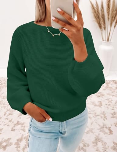 Image of ZESICA Women's Crew Neck Long Lantern Sleeve Fall 2026 Casual Loose Ribbed Knit Solid Soft Pullover Sweater Tops