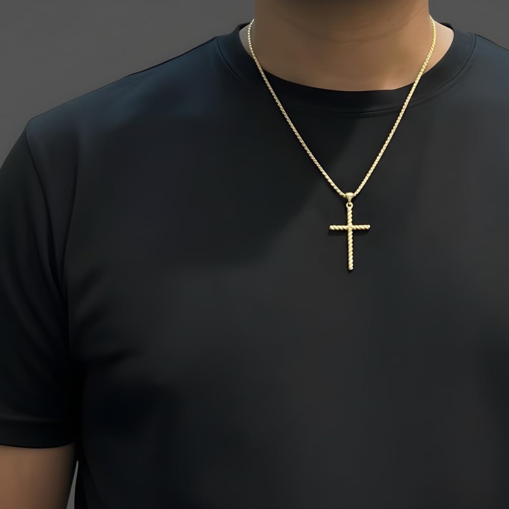 14K Solid Gold Rope Cross Pendant & 1.3mm Rope Chain, 20" – Ball Bail Design, Lobster Clasp Closure