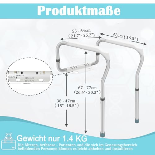 Exquilnova Aufstehhilfe Toilette ohne bohren, Toilettensitzerhöhung mit Armlehnen, Höhenverstellbar Robust WC Aufstehhilfe, Toilettenhilfe, WC Haltegriff für Senioren und Behinderung