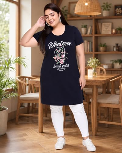 Image of In Love Women's Printed Cotton Plus Size Longline T-Shirt with Pockets | Cotton fabric - soft longline T-shirt with easy plus-size fit