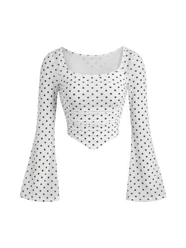 SweatyRocks Girl's Mesh Crop Top Square Neck Ruched Asymmetrical Bell Long Sleeve T Shirt White Polka Dots 12Y