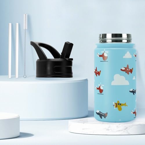Image of BJPKPK 15oz Insulated Water Bottle with Straw Lid, 15oz Stainless Steel Water Bottles, Reusable Leak Proof BPA-Free Thermos with 2 Straws, 1 Straw Brush(Aircraft)