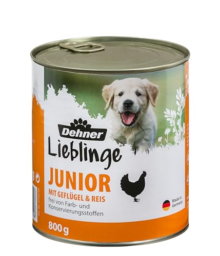Dehner Hundefutter, Nassfutter vitaminreich, für Welpen und junge Hunde, Geflügel / Reis, 6 x 800 g Dose (4.8 kg)