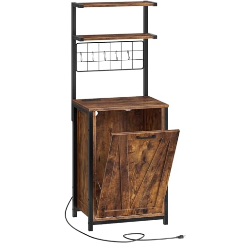 Image of HOOBRO Bakers Rack with Trash Can Bin Cabinet, Microwave Stand with Power Outlet, 5-Tier Kitchen Coffee Bar Station with Storage Shelf for Dining Room, Living Room, Rustic Brown and Black BF22UHB01