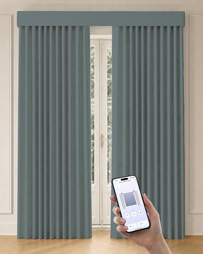 Image of Graywind Motorized Curtains with Track, 100% Blackout Smart Curtains, Hardwired Curtains Compatible with Alexa Google Home Remote Control for Large Windows, Custom Drapes Up to 220 inch, Trace (Denim)
