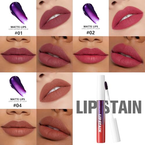 Image of evpct 3Pcs Maroon Mauve Red Nude Brown Peel Off Lip Stain Tints, Matte Liquid Lipstick Lip Stain Long Lasting Waterproof for Women, Longwear Lipstick Peel Off Highly Pigmented Smudge-proof Easy Apply