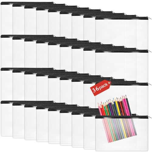 Image of Feifeiya 36 Pcs Clear PVC Pencil Pouch Bulk 8.66 x 5.71 Inch Soft Pencil Case Bag Transparent Zipper Pouch for Study School Supplies Travel Storage (Black)