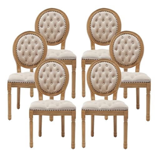 MZDOO French Country Dining Chairs Set of 6，Velvet Dining Chairs with Tufted Round Back and Solid Rubberwood Leg, Upholstered Farmhouse Dining Chair for Dining Room, Kitchen, Beige