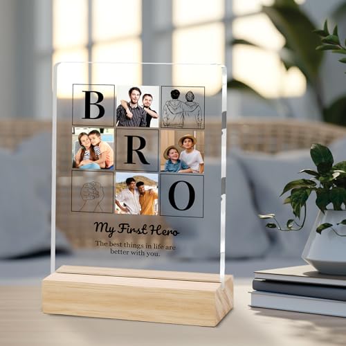 Image of Giftplease Customized Photo And Text Frame With Wooden Stand | Personalised Printed Photo Frame | Gift For Brother | Birthday | (Transparent, 5MM, 6 * 8 Inches), Tabletop BG 13