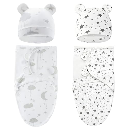 HAGOT 2er Pack Baby Swaddles, Pucksack Baby 0-3 Monate, mit Hut, 100% Bio-Baumwolle, Baby Schlafsäcke, für Neugeborene, Unisex