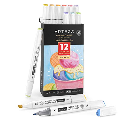 Arteza EverBlend Art Markers, 12 Pastel Colours, Dual Tip Alcohol Markers (Broad Chisel Tip + Fine), for Drawing, Colouring, Designing, Hand-Lettering, & Calligraphy
