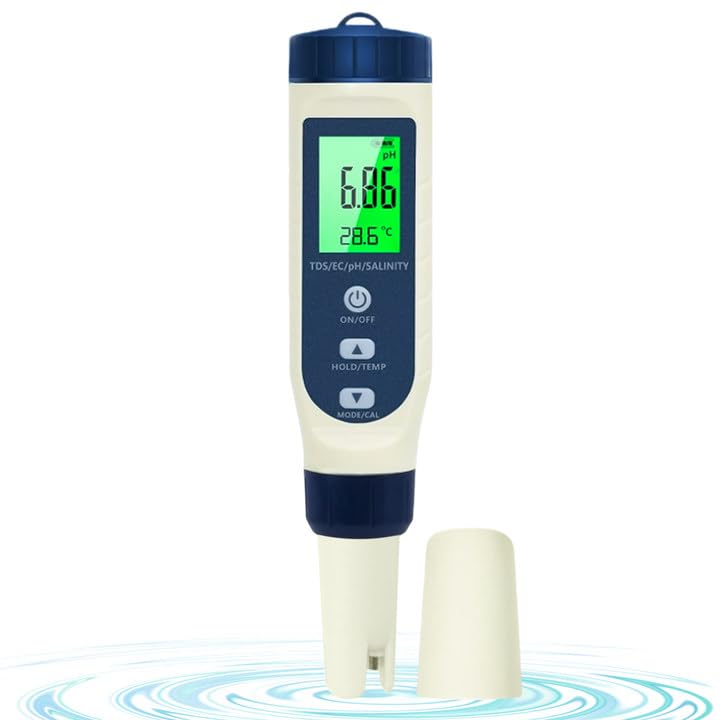 Ph Metre, 5 en 1 PH/TDS/EC/Salinité/Thermomètre, Testeur ph à Écran LCD, Testeur pH Piscine IP67 Étanche, pH Metre Haute Précision (± 0.01), Adapté à...