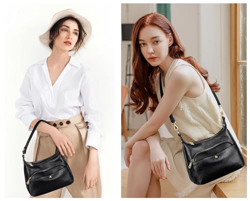 YALUXE Genuine Cowhide Leather Shoulder Bag Dual Zip Compartments Multi Pockets Fashion Handbags and Purses for Women2