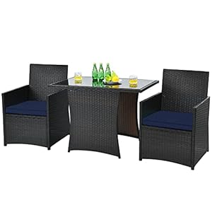 HAPPYGRILL 3 Pieces Outdoor Wicker Bistro Set PE Rattan Dining Table Set with Cushioned Chairs, Patio Conversation Set for Backyard Porch Garden and Poolside