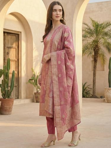 Image of INDO ERA Women's Purple Silk Blend Woven Design Straight Kurta and Pant with Dupatta Set (IESTR5599)