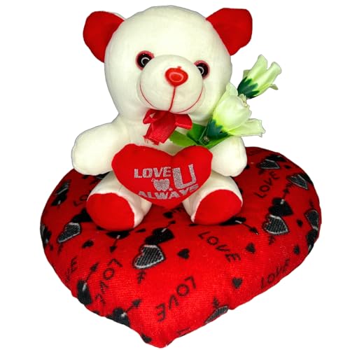 Image of DIKANG Cute Teddy Bear with Heart Pillow for Valentine's Day Gift | Valentine Gift for Boyfriend /Girlfriend /Husband /Wife (25 CM, Off White & RED)