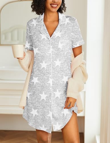 Image of Ekouaer Nightgowns for Women 2 Pack Button Down Sleepwear Short Sleeve Sleepshirts Soft Nightshirts Boyfriend Pajama Dress