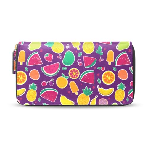 Long Wallets Leather Bifold Wallet for Women Bright Purple Fruit with Zipper Credit Card Holder Large Capacity