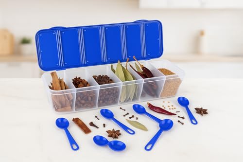 Image of TASTIC Multipurpose 6-in-1 Masala Box for Kitchen| Airtight BPA-Free Plastic 6 Section Storage Container with 6 Spoons, 1800 ml Transparent Pickle Box for Spices| Pack Of 1 PISTA (BLUE)