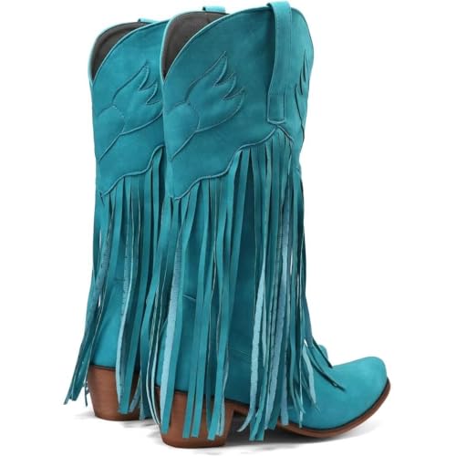KISSASA Fringe Denim Cowgirl Boots Pointed Toe Mid Claf Cowboy Boots Chunky Stacked Heel Western Boots2