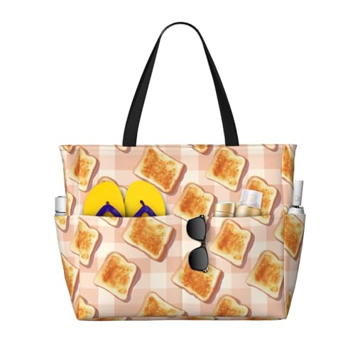 Large Beach Bags for Women Sandproof - Cute Toast Print Summer Work Travel Tote Bags with Zipper