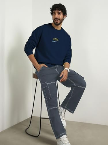 Image of Nobero Men's Graphic Printed Oversized Sweatshirt | Cotton Rich Fleece Round Neck Pullover | Relaxed Fit Casual Winter Wear for Men